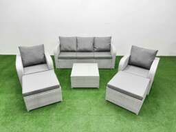 Rackhams PE Rattan Garden Furniture Set Reclining Chair Sofa Lounge Sofa Set Square Coffee Table 2 Big Footstool Light Grey - thumbnail 1