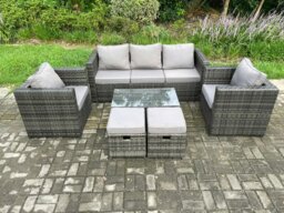 Rackhams Outdoor Rattan Garden Furniture Set with 3 Seater Sofa Coffee Table 2 Armchairs 2 Small Footstool Patio Lounge Sofa Set Dark Grey Mixed - thumbnail 2