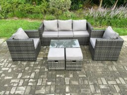 Rackhams Outdoor Rattan Garden Furniture Set with 3 Seater Sofa Coffee Table 2 Armchairs 2 Small Footstool Patio Lounge Sofa Set Dark Grey Mixed - thumbnail 1