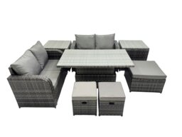 Rackhams 7 seater Patio Height Adjustable Rising Lifting Table Sofa Sets Rattan Garden Furniture Dining Set with 2 Side Table 3 Stools Dark Grey Mixed - thumbnail 1