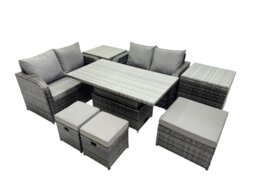 Rackhams 7 seater Patio Height Adjustable Rising Lifting Table Sofa Sets Rattan Garden Furniture Dining Set with 2 Side Table 3 Stools Dark Grey Mixed - thumbnail 2