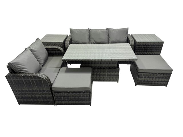 Rackhams Rattan Garden Furniture Dining Set 7 seater Patio Height Adjustable Rising Lifting Table Sofa Set with 2 Side Tables Dark Grey Mixed - image 1