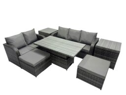 Rackhams Rattan Garden Furniture Dining Set 7 seater Patio Height Adjustable Rising Lifting Table Sofa Set with 2 Side Tables Dark Grey Mixed - thumbnail 2