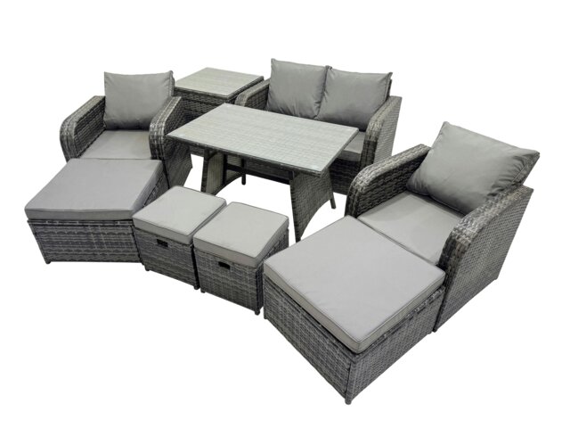 Rackhams 8 Seater Garden Outdoor Rattan Furniture Set Rattan Sofa Oblong Dining Table with 2 Big Stools Side Table Dark Grey - image 1
