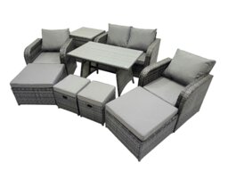 Rackhams 8 Seater Garden Outdoor Rattan Furniture Set Rattan Sofa Oblong Dining Table with 2 Big Stools Side Table Dark Grey - thumbnail 1