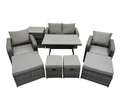 Rackhams 8 Seater Garden Outdoor Rattan Furniture Set Rattan Sofa Oblong Dining Table with 2 Big Stools Side Table Dark Grey - thumbnail 2