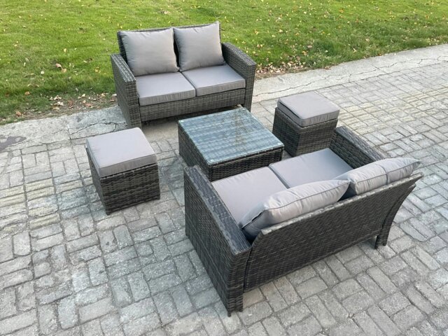 Rackhams Rattan Garden Furniture Set 5 piece Patio Rattan Furniture Sofa Weaving Wicker includes 2 Double Seat Sofa, Coffee Table and 2 Small Footstools - image 1