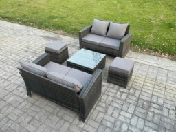 Rackhams Rattan Garden Furniture Set 5 piece Patio Rattan Furniture Sofa Weaving Wicker includes 2 Double Seat Sofa, Coffee Table and 2 Small Footstools - thumbnail 2