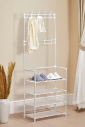 Rackhams Independent 4 Layer Shoe Rack, Multi-Layer Metal Shoe Cap Rack, with 8 Double Hooks, Suitable for Multiple Scenarios - White