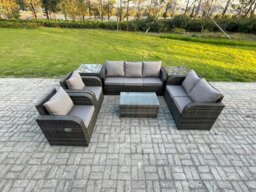 Rackhams 7 Seater Rattan Wicker Garden Furniture Patio Conservatory Sofa Set with Rectangular Coffee Table 3 Seater Sofa Love Sofa 2 Side Tables