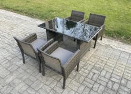 Rackhams Wicker PE Outdoor Rattan Garden Furniture Arm Chair And Table Dining Sets 4 Seater Rectangular Table Dark Grey Mixed - thumbnail 2