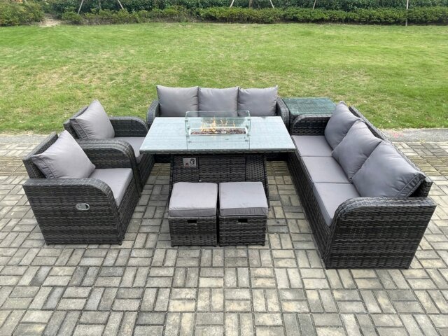 Rackhams Rattan Outdoor Garden Furniture Set with Gas Fire Pit Dining Table, Side Table, 2 Chairs, 2 Sofas, 2 Footstools - 10 Seater - Dark Grey - image 1