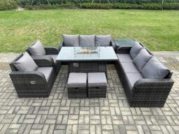 Rackhams Rattan Outdoor Garden Furniture Set with Gas Fire Pit Dining Table, Side Table, 2 Chairs, 2 Sofas, 2 Footstools - 10 Seater - Dark Grey - thumbnail 1