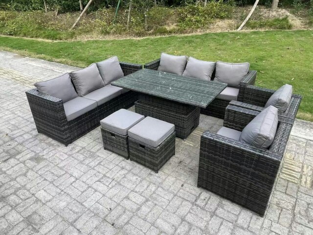 Rackhams 10-Seater Dark Grey Wicker PE Rattan Outdoor Sofa Set - Adjustable Rising Dining Table, 2 Armchairs, 2 Stools, 2 Side Tables - image 1