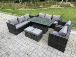 Rackhams 10-Seater Dark Grey Wicker PE Rattan Outdoor Sofa Set - Adjustable Rising Dining Table, 2 Armchairs, 2 Stools, 2 Side Tables - thumbnail 1