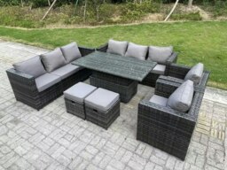 Rackhams 10-Seater Dark Grey Wicker PE Rattan Outdoor Sofa Set - Adjustable Rising Dining Table, 2 Armchairs, 2 Stools, 2 Side Tables - thumbnail 2