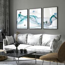 Rackhams Art print set of 3 - Teal Japanese wall art print for living room - A2 16.54 x 23.39 in / 42 x 59.4 cm - Matte Museum Quality Art Paper 290 gsm - Oak Frame - thumbnail 6