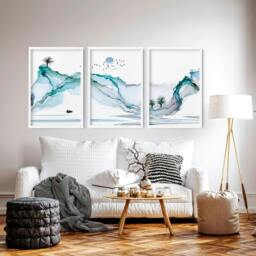Rackhams Art print set of 3 - Teal Japanese wall art print for living room - A2 16.54 x 23.39 in / 42 x 59.4 cm - Matte Museum Quality Art Paper 290 gsm - Oak Frame