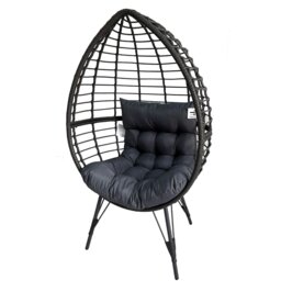 Rackhams Rattan Standing Egg Chair, Patio Weave Cocoon Seat with Removable Water-Resistant Cushions, Metal Waterproof Frame Stand - Gray - thumbnail 2