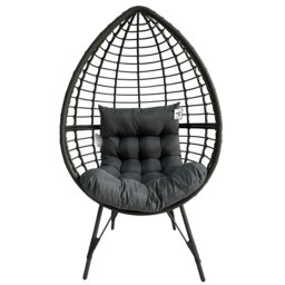 Rackhams Rattan Standing Egg Chair, Patio Weave Cocoon Seat with Removable Water-Resistant Cushions, Metal Waterproof Frame Stand - Gray