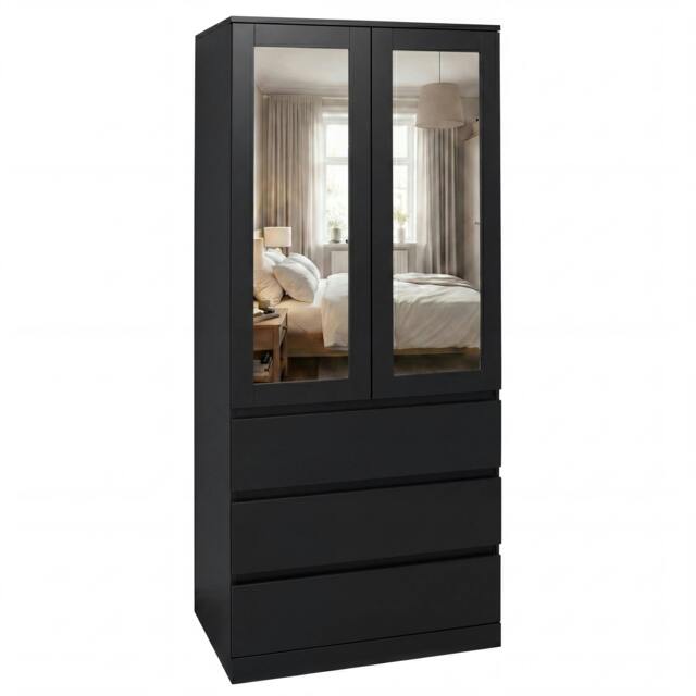 Rackhams Denver 2 Door 3 Drawer Mirrored Wardrobe - Black - image 1