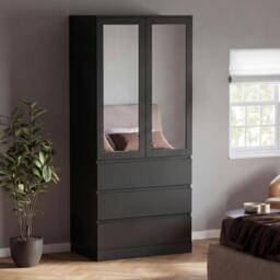 Rackhams Denver 2 Door 3 Drawer Mirrored Wardrobe - Black - thumbnail 2