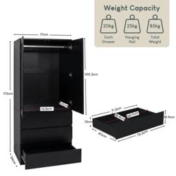 Rackhams Denver 2 Door 3 Drawer Mirrored Wardrobe - Black - thumbnail 3