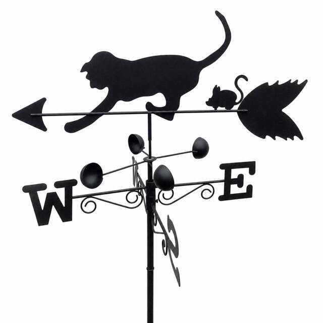 Rackhams Cat & Mouse Steel Weathervane, Black Painted All-Steel Weather Vane With Wall Fixings and 1.7m Ground Spike, Wind Speed Cups - image 1
