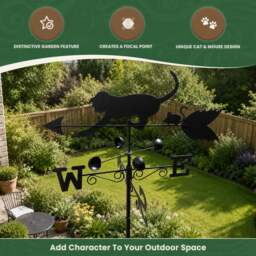 Rackhams Cat & Mouse Steel Weathervane, Black Painted All-Steel Weather Vane With Wall Fixings and 1.7m Ground Spike, Wind Speed Cups - thumbnail 2