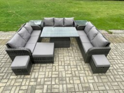 Rackhams 12 Seater Rattan Outdoor Lounge & Dining Set with Rising Table, Sofa, 2 Side Tables, 3 Footstools - Dark Grey - thumbnail 3