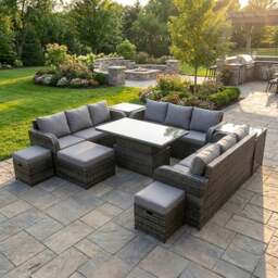 Rackhams 12 Seater Rattan Outdoor Lounge & Dining Set with Rising Table, Sofa, 2 Side Tables, 3 Footstools - Dark Grey - thumbnail 1