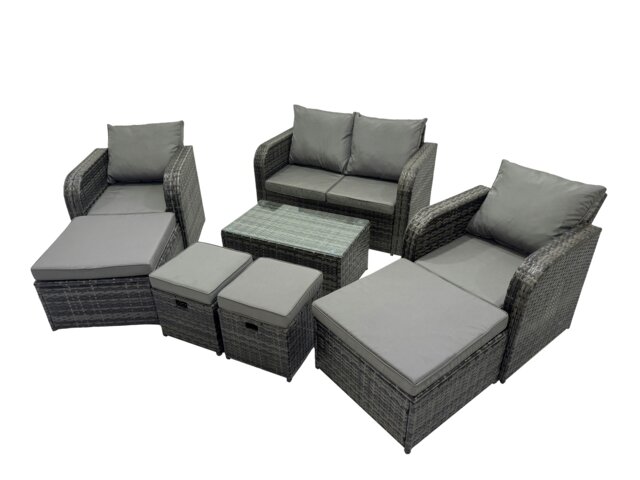 Rackhams Outdoor Love Sofa Reclining Chair Coffee Table Set Garden Rattan Furniture Set 8 Seater with 4 Stools Dark Grey - image 1