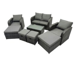 Rackhams Outdoor Love Sofa Reclining Chair Coffee Table Set Garden Rattan Furniture Set 8 Seater with 4 Stools Dark Grey - thumbnail 1
