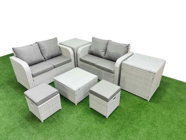 Rackhams 6 Seater Outdoor Love Sofa Set Rattan Garden Furniture Set with Square Coffee Table 2 Small Stools 2 Side Tables Light Grey - image 1