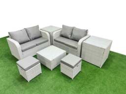 Rackhams 6 Seater Outdoor Love Sofa Set Rattan Garden Furniture Set with Square Coffee Table 2 Small Stools 2 Side Tables Light Grey - thumbnail 1