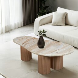 Rackhams Bundi Natural Marble & Wood Pedestal Coffee Table - thumbnail 3