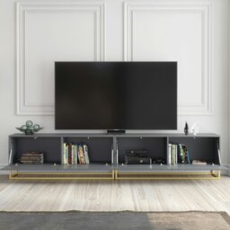 Rackhams Modular Grey TV Unit with Gold Base 200cm – Fluted Fronts & Push-Down Doors - 200cm  - 1 - Grey - thumbnail 4