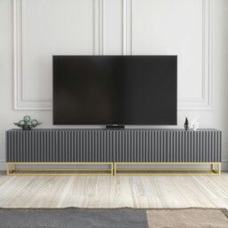 Rackhams Modular Grey TV Unit with Gold Base 200cm – Fluted Fronts & Push-Down Doors - 200cm  - 1 - Grey - thumbnail 3