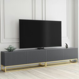 Rackhams Modular Grey TV Unit with Gold Base 200cm – Fluted Fronts & Push-Down Doors - 200cm  - 1 - Grey