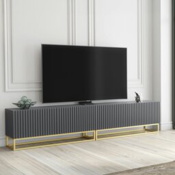 Rackhams Modular Grey TV Unit with Gold Base 200cm – Fluted Fronts & Push-Down Doors - 200cm  - 1 - Grey - thumbnail 2