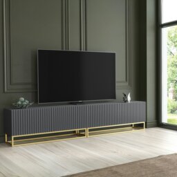 Rackhams Modular Grey TV Unit with Gold Base 200cm – Fluted Fronts & Push-Down Doors - 200cm  - 1 - Grey - thumbnail 6