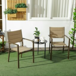Rackhams 2 PCs Dining Chairs, Stackable Design Aluminium Outdoor Armchairs Black - Brown - Aluminium, Mesh Fabric - 56.5cm x 57.5cm x 87cm - thumbnail 1