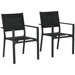 Rackhams 2 PCs Dining Chairs, Stackable Design Aluminium Outdoor Armchairs Black - Brown - Aluminium, Mesh Fabric - 56.5cm x 57.5cm x 87cm - thumbnail 2