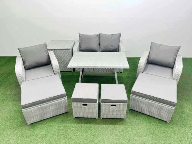 Rackhams Rattan Garden Furniture Dining Set 8 seater Patio Rectangular Table Sofa Set with Side Table 4 Stools Light Grey - image 1