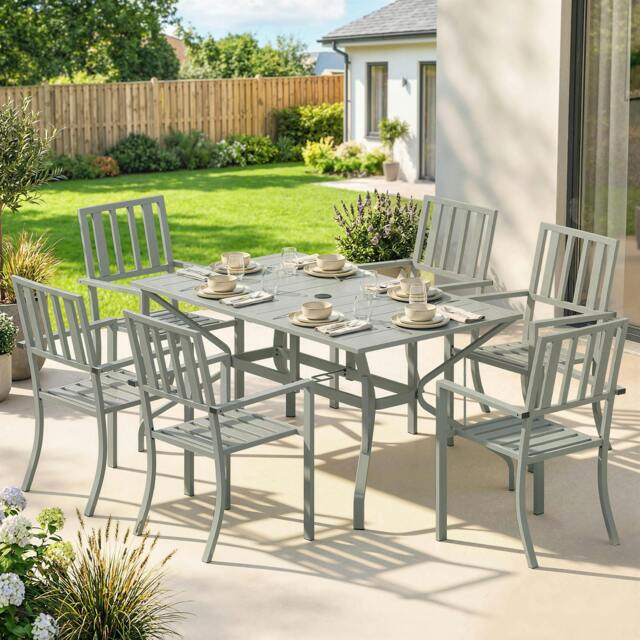 Rackhams 7 Pieces Patio Dining Set with Umbrella Hole for Garden, Light Grey - Galvanised steel - Light grey - 1 table, 6 chairs - image 1