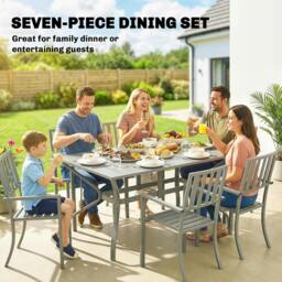 Rackhams 7 Pieces Patio Dining Set with Umbrella Hole for Garden, Light Grey - Galvanised steel - Light grey - 1 table, 6 chairs - thumbnail 4