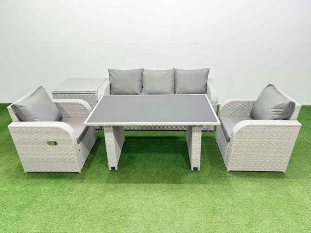 Rackhams Outdoor Rattan Garden Furniture Dining Set 5 seater Patio Rectangular Table 3 Seater Sofa Reclining Chair Set with Side Table - image 1