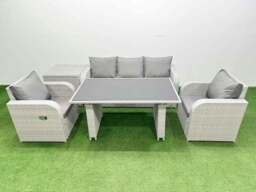 Rackhams Outdoor Rattan Garden Furniture Dining Set 5 seater Patio Rectangular Table 3 Seater Sofa Reclining Chair Set with Side Table - thumbnail 1