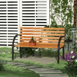 Rackhams 2 Seater Garden Bench Metal Wooden Slatted Seat Backrest Patio Chair - thumbnail 1