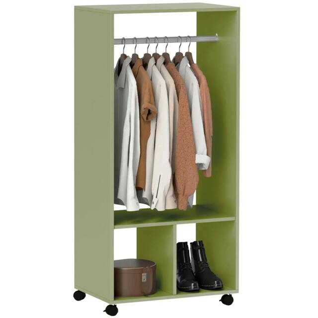 Rackhams Open Wardrobe on Wheels, Bedroom Wardrobe with Clothes Hanging Rail, 2 Storage Shelves, Mobile Garment Rack for Cloakroom, Hallway, Green